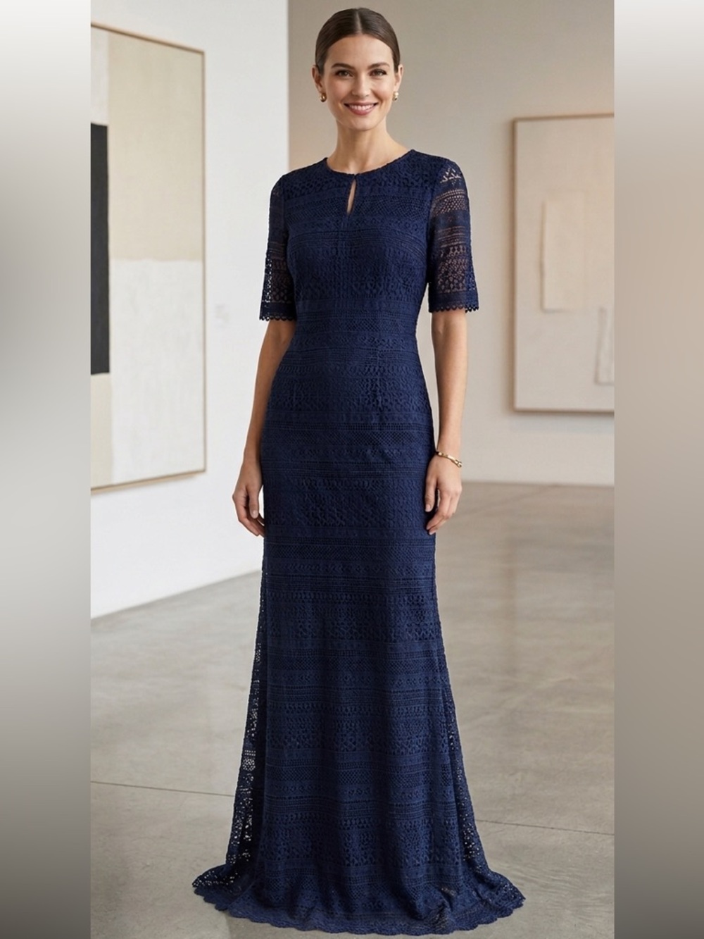 Elegant Blue Sheath Dress with Crew Neck and 3/4 Sleeves